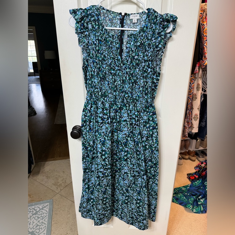 J.Crew Factory Floral Smocked Midi Dress in Teal Blue
